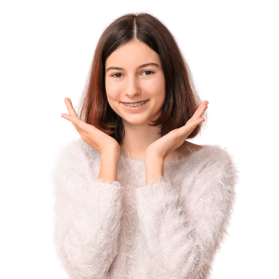 Understanding orthodontics 4 Teenage girl smiling, holding hands up about orthodontics